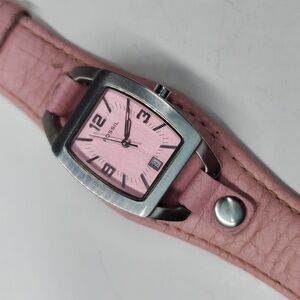 Fossil JR8479 Pink Leather Watch Y2K Barrel Case Quartz Women’s Fashion Watch
